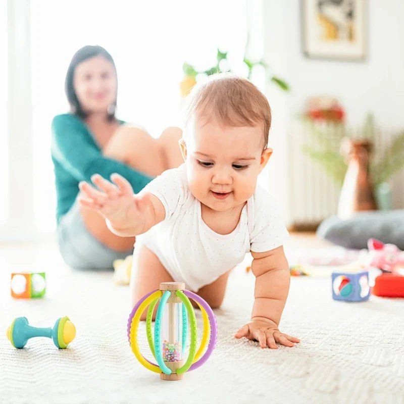 Baby Rattle Silicone Teether Wooden Newborn Sensory Toys