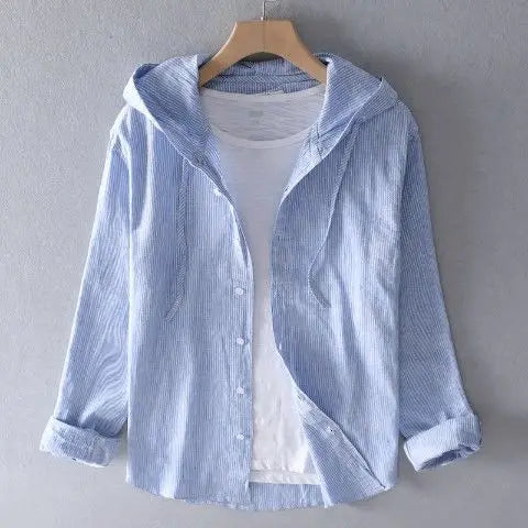 Spring Summer Solid colour Hooded Cotton Hemp Shirt Man Casual Cardigan