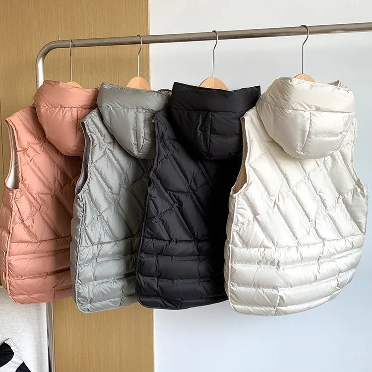 Lightweight Women Hooded Down Vest - Boxy, Down, Autumn