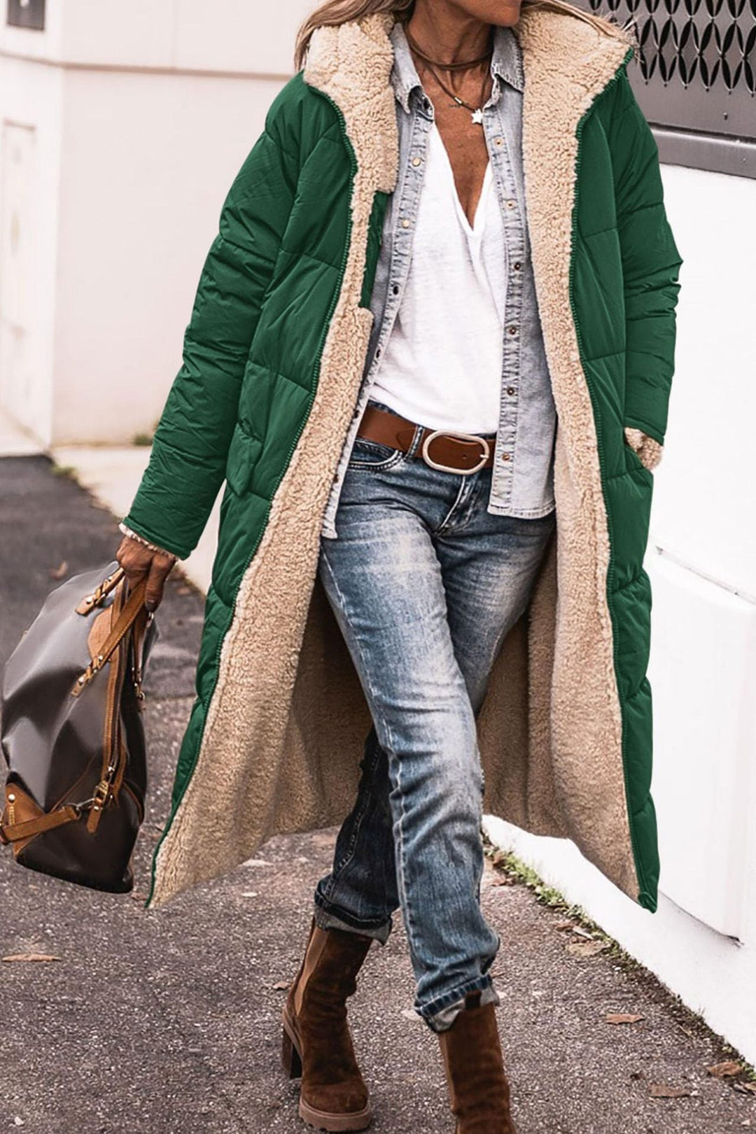 Warm Women’s Reversible Long Coat - Quilted Sherpa Hooded