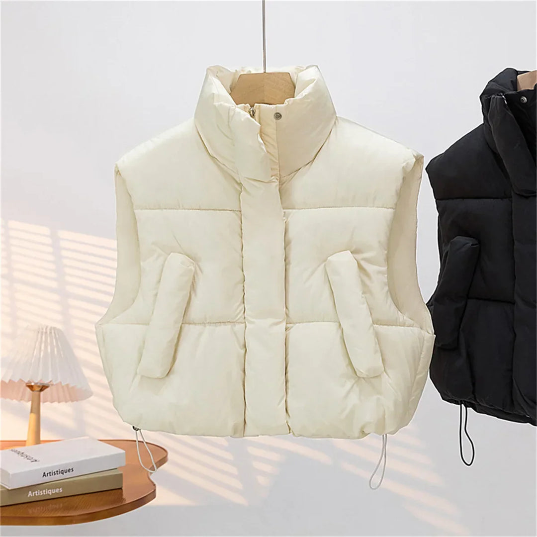 Warm Women Short Down Vest - Stand-Up Collar, Winter