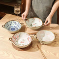 Ceramic 7.5 Inch Noodle Bowl With Handles Floral Porcelain