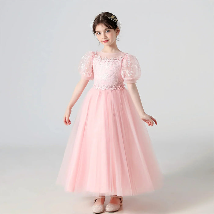 Soft Girls’ Lace-Embroidered Princess Dress - Puff Sleeve, Polyester, For Weddings and Parties