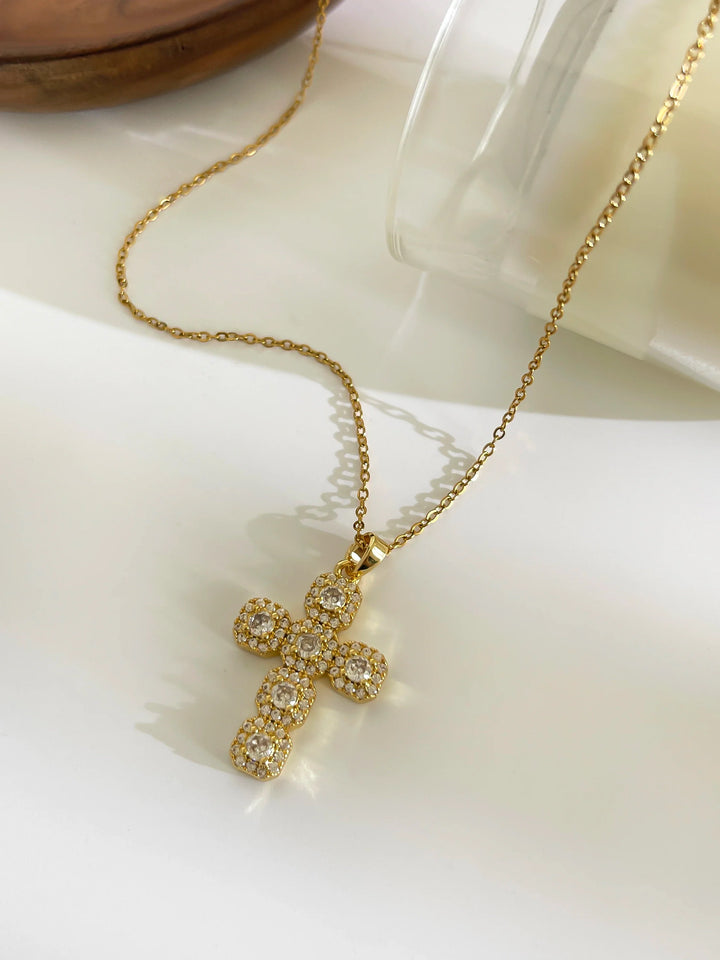 Cross Pendant Necklace Gold Tone - Cubic Zirconia jewellery, Stainless Steel Chain, Fall 2026 Gift Idea