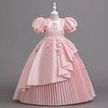 Soft girls' dress – puff-sleeve, lace bodice, pleated layered skirt, cotton-polyester blend, for flower girl ceremony