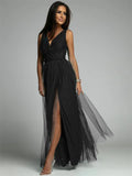 Elegant V-Neck Sleeveless Dress with Slit Hem, Plus Size Formal Wedding Guest Cocktail Dress