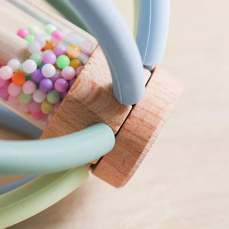 Baby Rattle Silicone Teether Wooden Newborn Sensory Toys