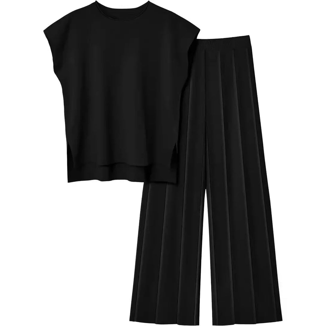 Soft Relaxed Women’s Two-Piece Trouser Set – Sleeveless Round-Neck Knit Top, High-Waist Wide-Leg Trousers For Summer