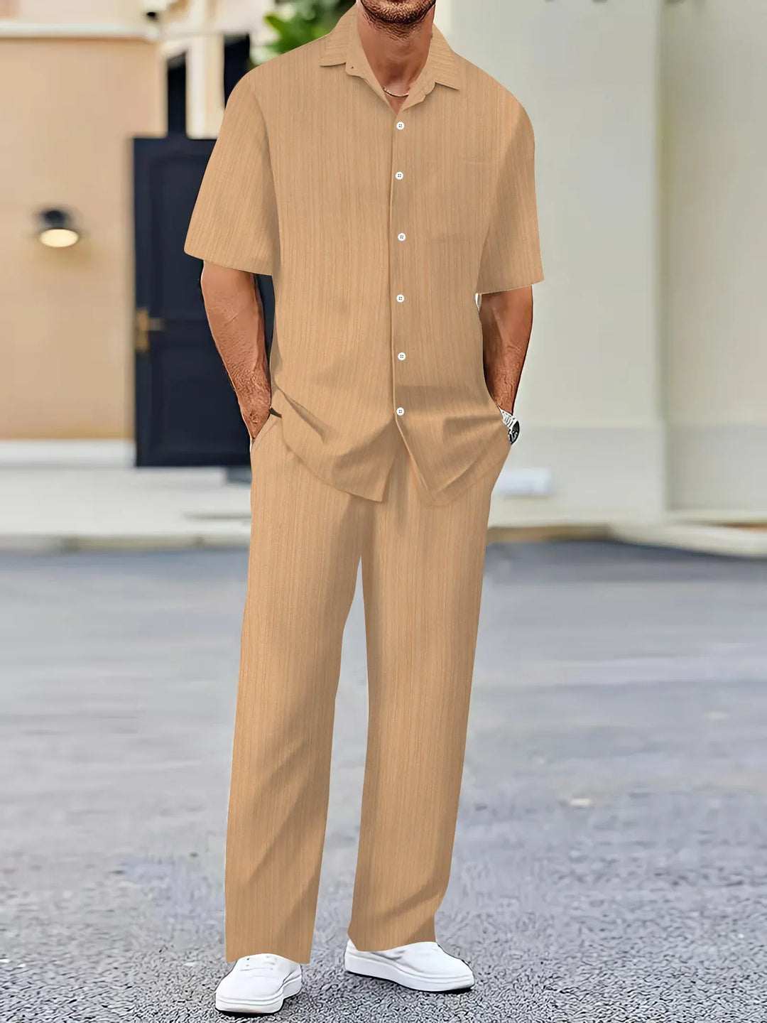 Lightweight Linen Shirt and Trousers Set, Vertical Striped Design, Relaxed Fit for Casual and Semi-Formal Wear
