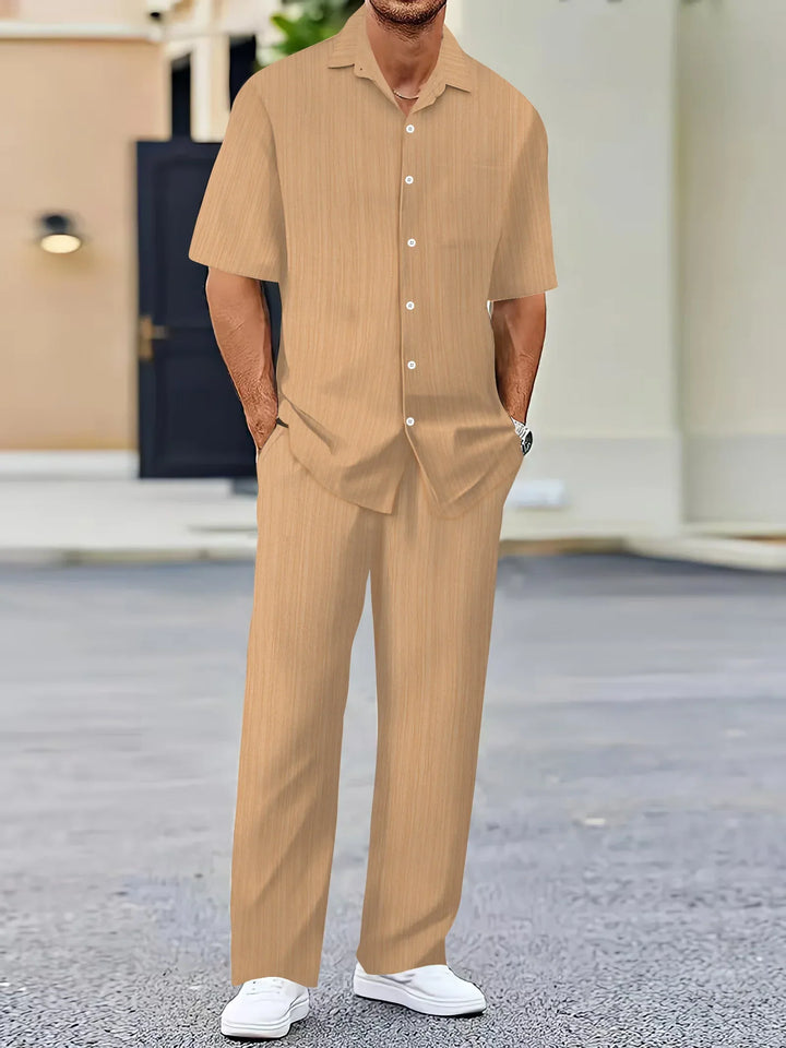 Lightweight Linen Shirt and Trousers Set, Vertical Striped Design, Relaxed Fit for Casual and Semi-Formal Wear