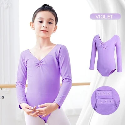 Breathable girls long sleeve ballet leotard - twist-front, cotton, for dance class