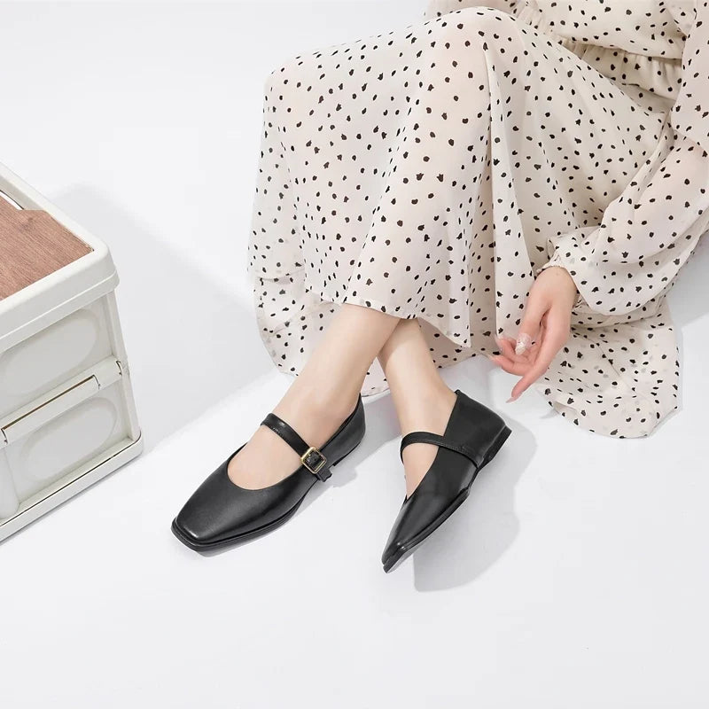 Supportive Women Mary Jane Flats - Square Toe, Leather