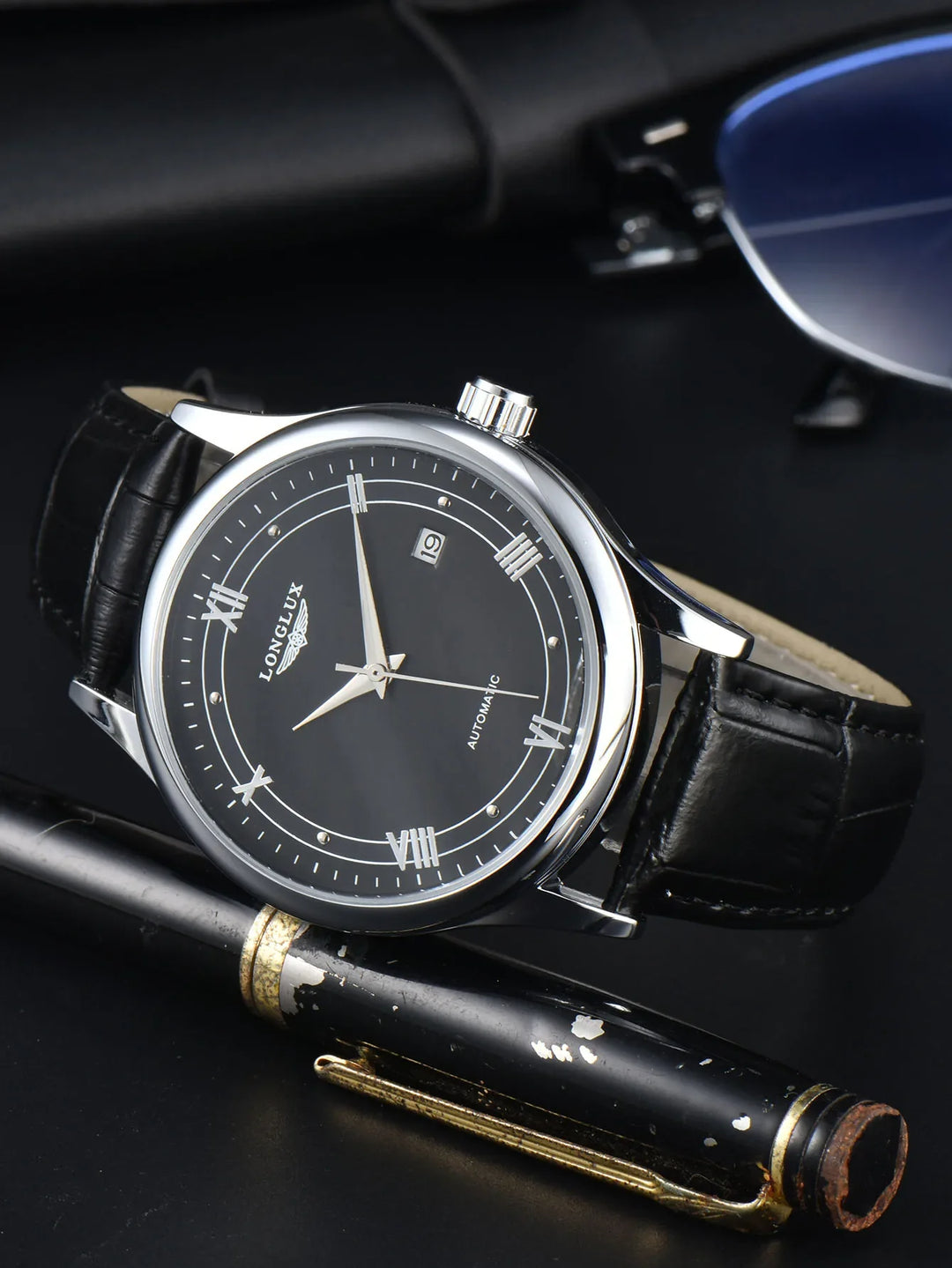 Automatic Watch Leather Strap Mechanical Date Waterproof