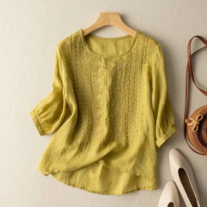 Elegant Embroidered Women's Blouse, Long Sleeve Plus Size Tops with Flattering Fit and Versatile Style