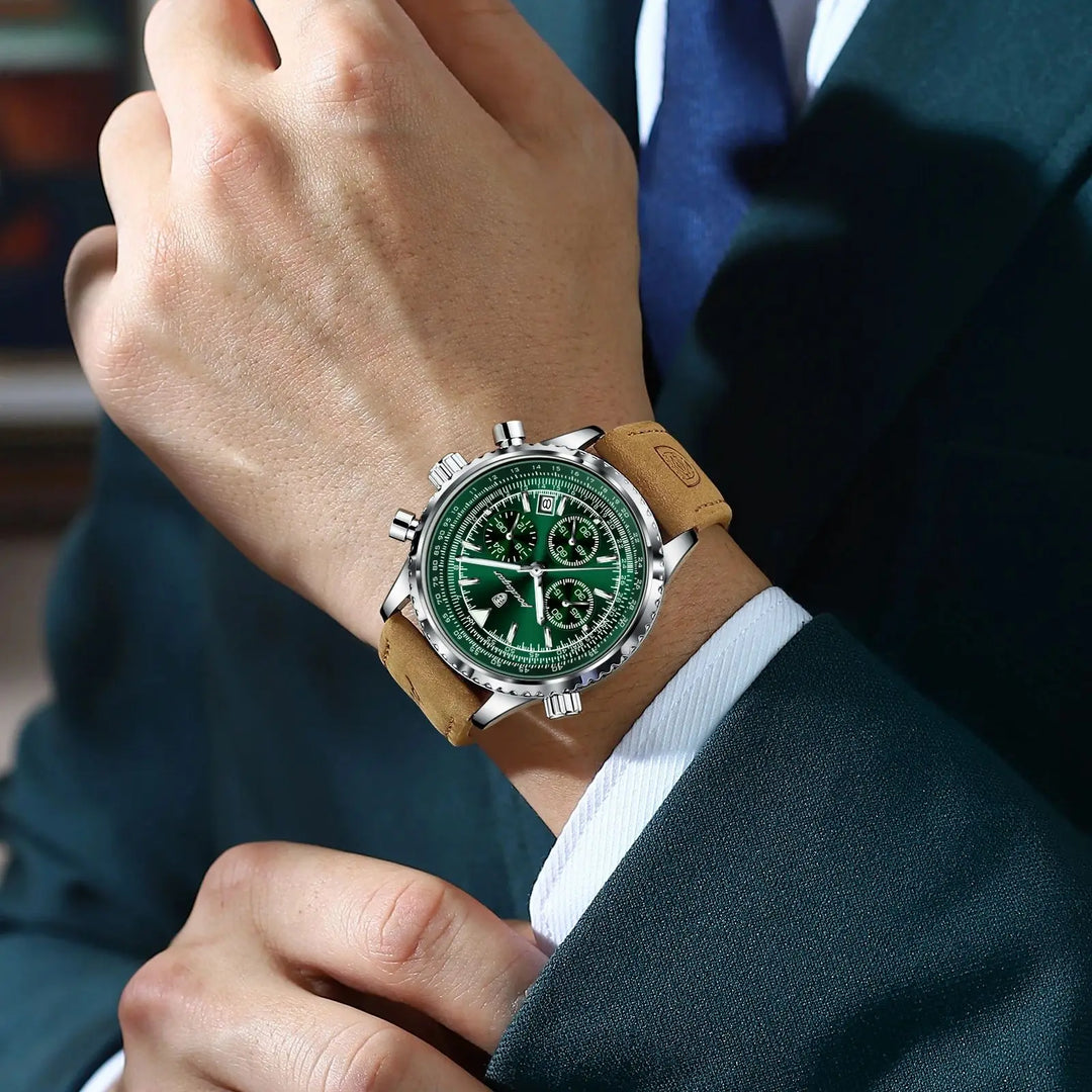 Quartz Chronograph Watch Waterproof Luminous Date Leather