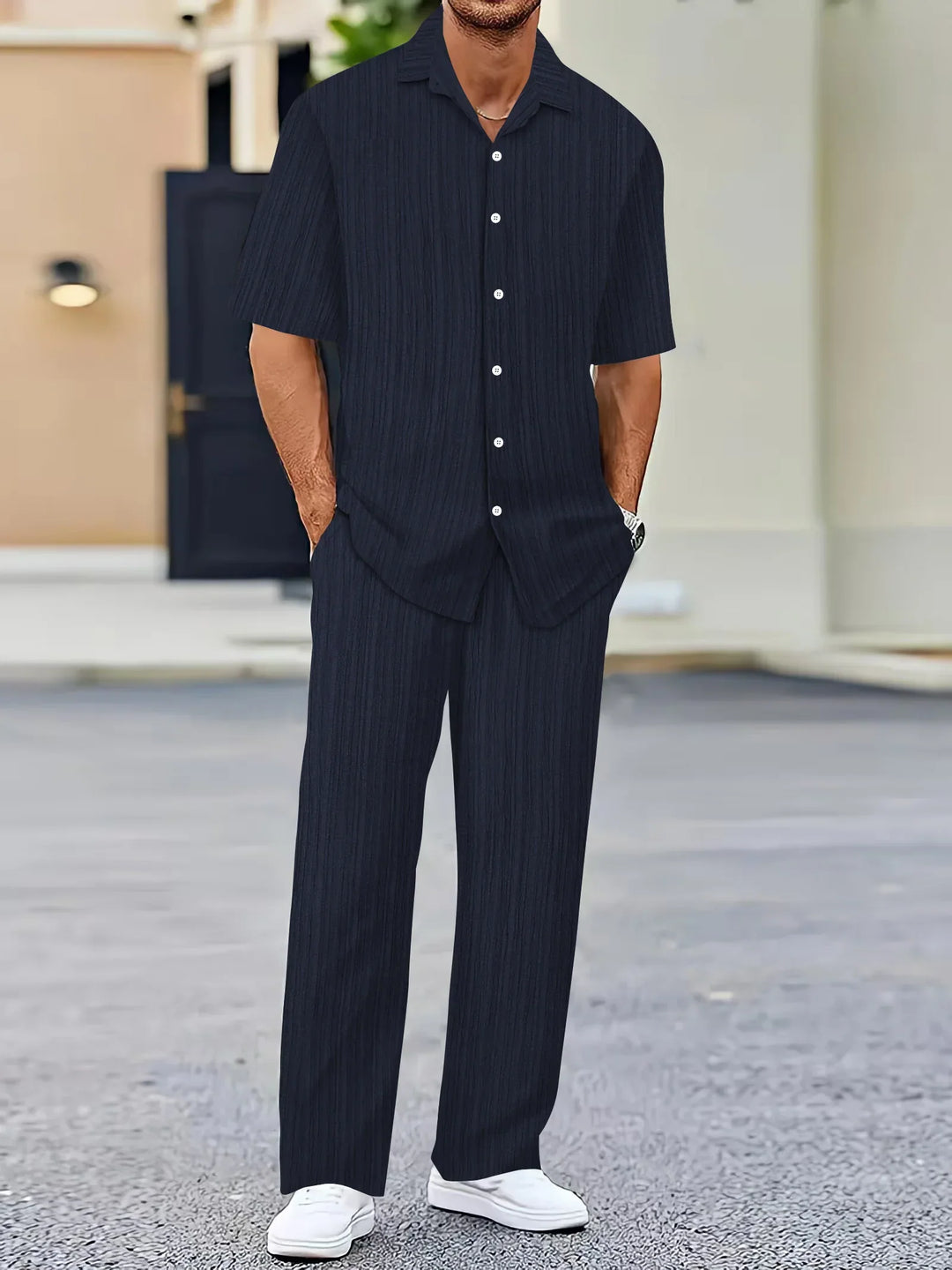 Lightweight Linen Shirt and Trousers Set, Vertical Striped Design, Relaxed Fit for Casual and Semi-Formal Wear