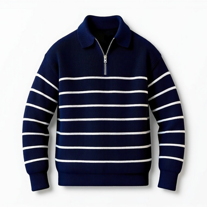 Soft Classic Men’s Striped Jumper - Zip Collar, Cotton