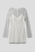 Lightweight women's flattering mini dress - bead-embellished mesh overlay, foam beads, for evening events