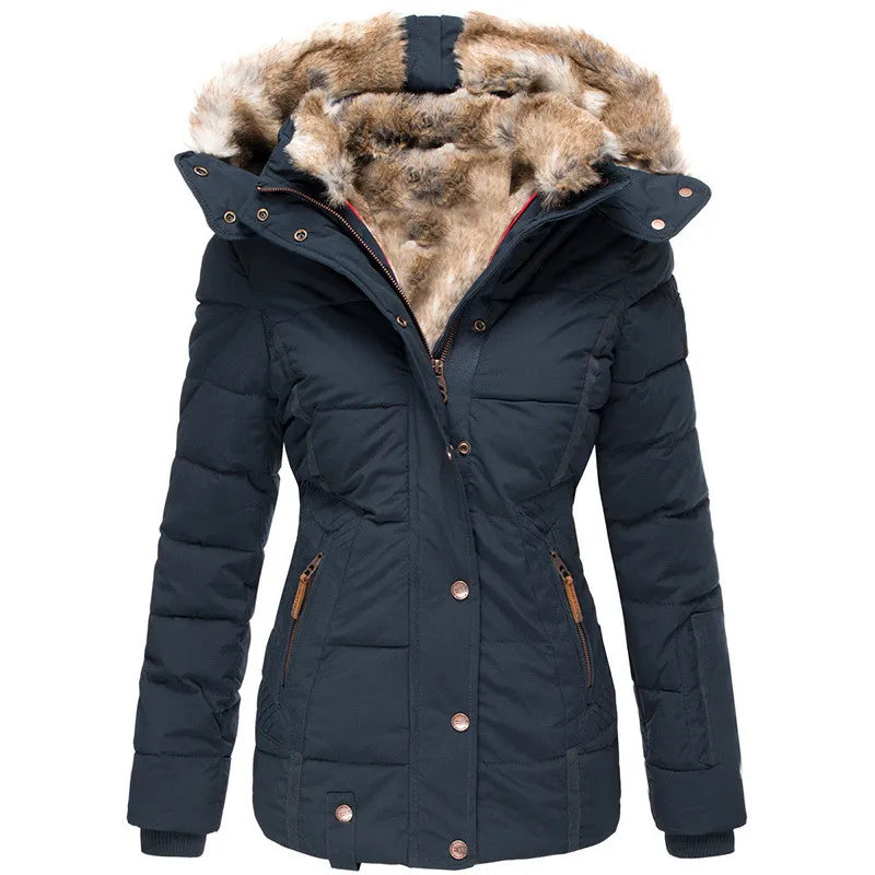 Warm Women’s Winter Coat - Quilted Midlength, Faux Fur Hood