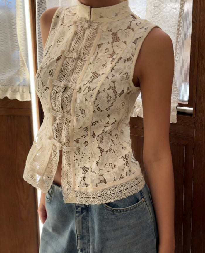 Soft women's sleeveless lace top - slim-fit stand collar, cotton, for casual wear