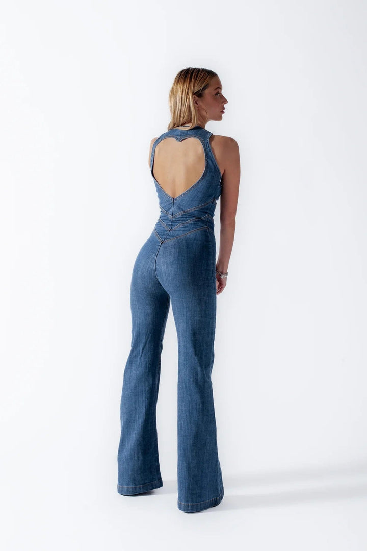 90s Inspired Denim Overalls for Women, Body-Hugging Fit, Classic Denim Blue, Easy Care Jean Jumper