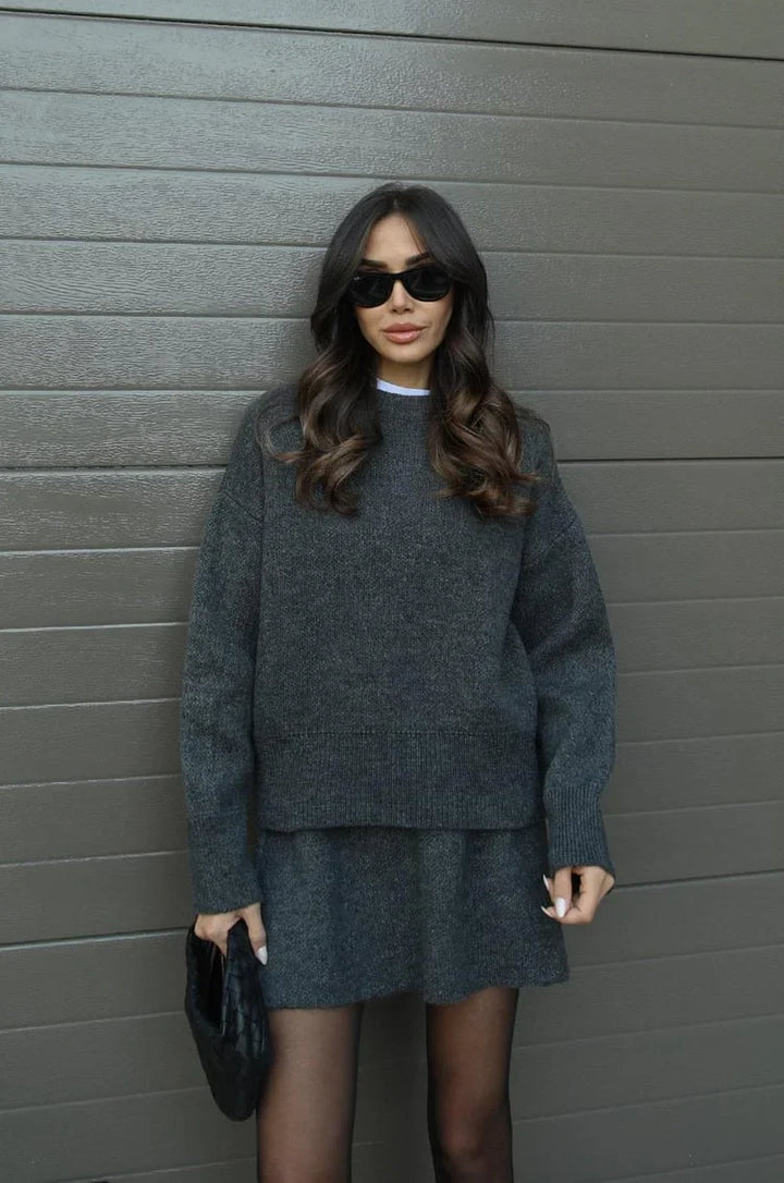 Soft Flattering Women’s Jumper Skirt Set - Pullover Crewneck, Knit High-Waist A-Line Mini Skirt For Fall
