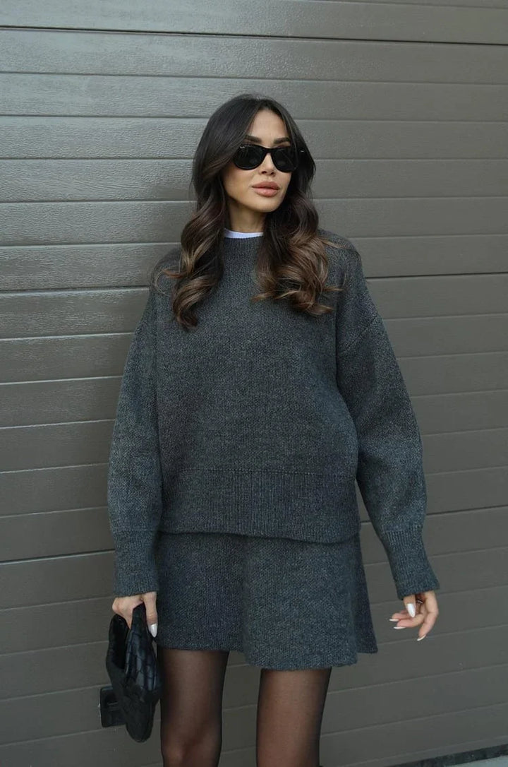 Soft Flattering Women’s Jumper Skirt Set - Pullover Crewneck, Knit High-Waist A-Line Mini Skirt For Fall