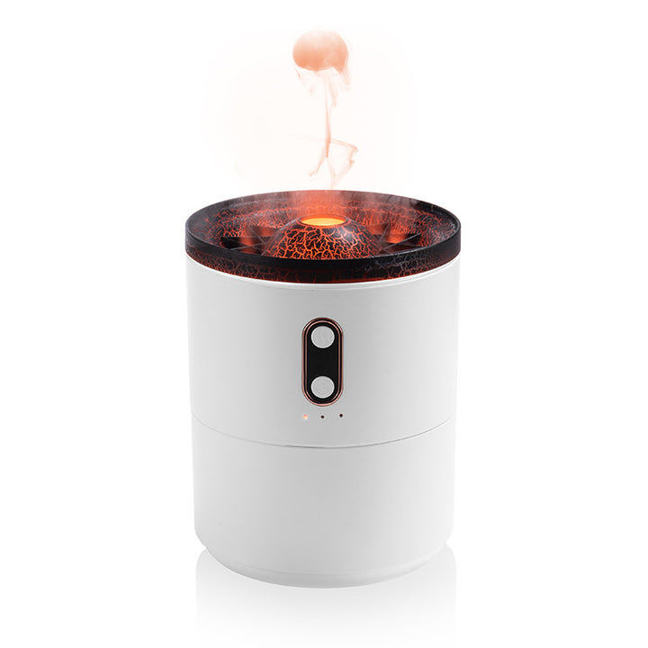 Volcano diffuser puffing glowing mist rings