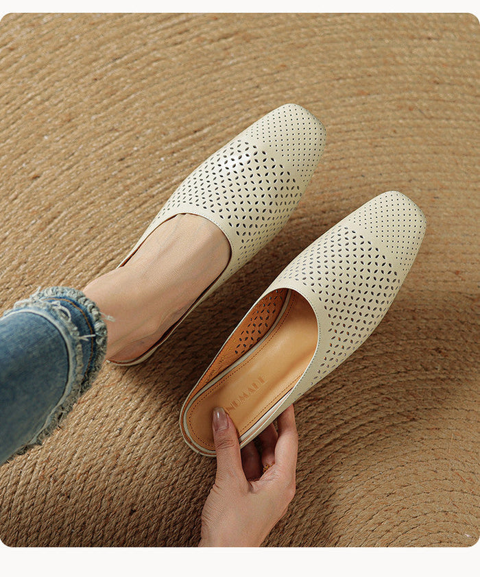 Breathable women's minimalist slippers – perforated round-toe, full-grain leather, indoor wear with sheepskin insole