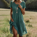 Soft women's dress - scoop neck, flowy mid-length silhouette, geometric print, casual everyday wear