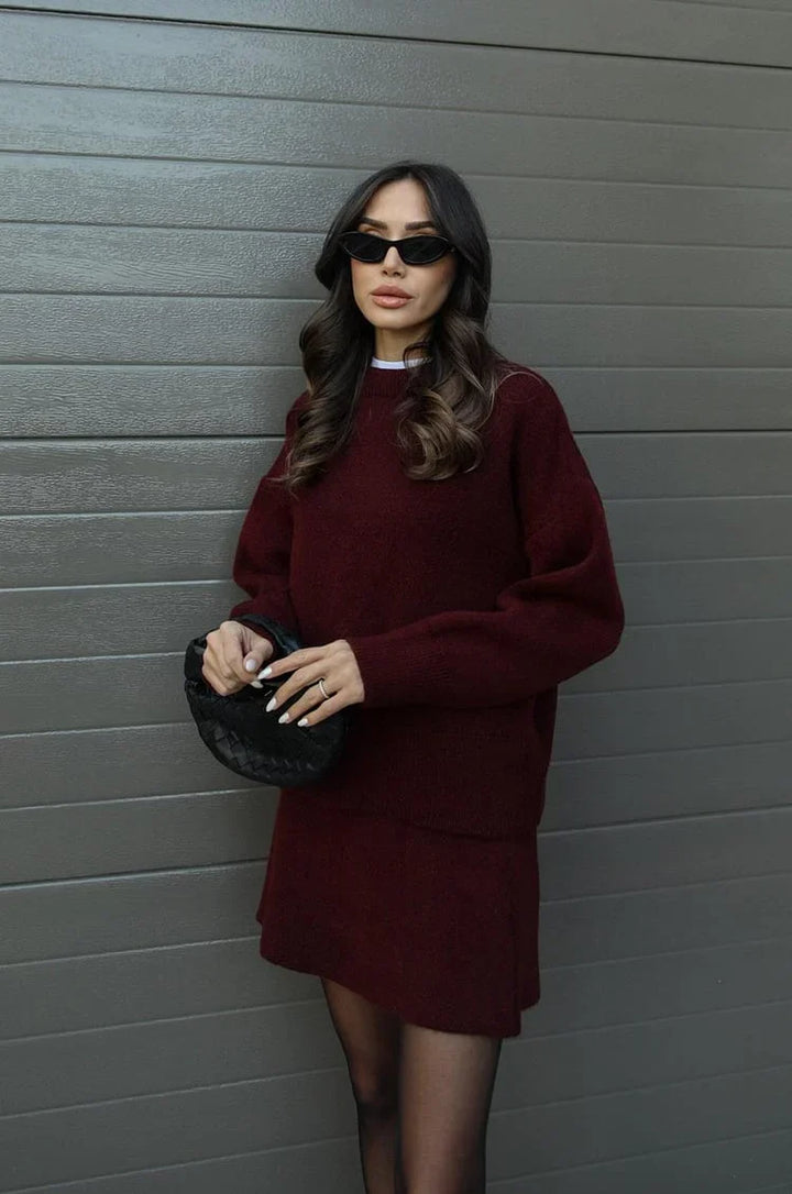 Soft Flattering Women’s Jumper Skirt Set - Pullover Crewneck, Knit High-Waist A-Line Mini Skirt For Fall