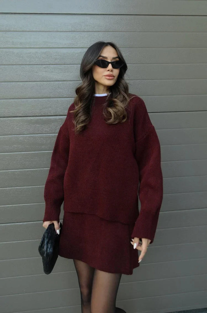 Soft Flattering Women’s Jumper Skirt Set - Pullover Crewneck, Knit High-Waist A-Line Mini Skirt For Fall