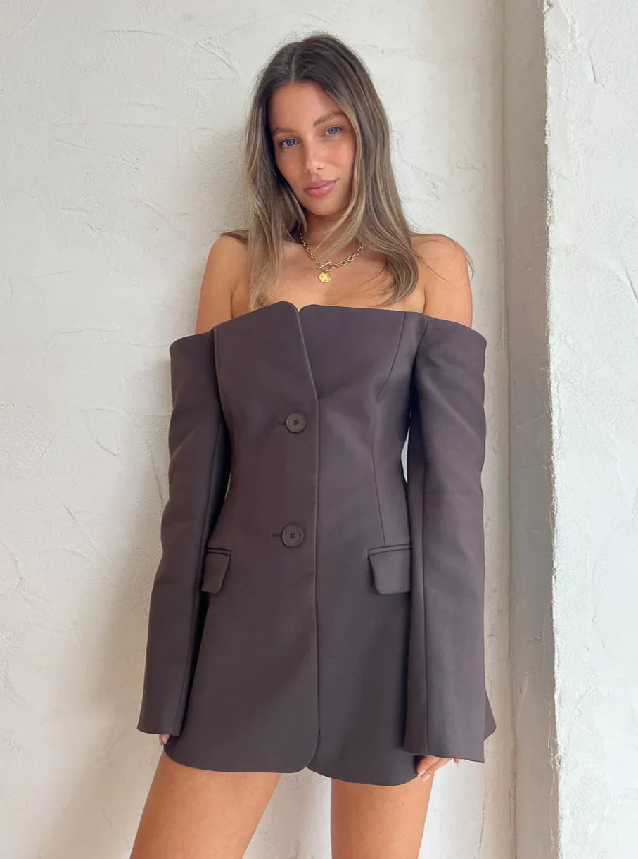 Tailored Off-Shoulder Blazer with Built-In Corset in Italian Suiting Fabric, Long Sleeve Elegant Fit