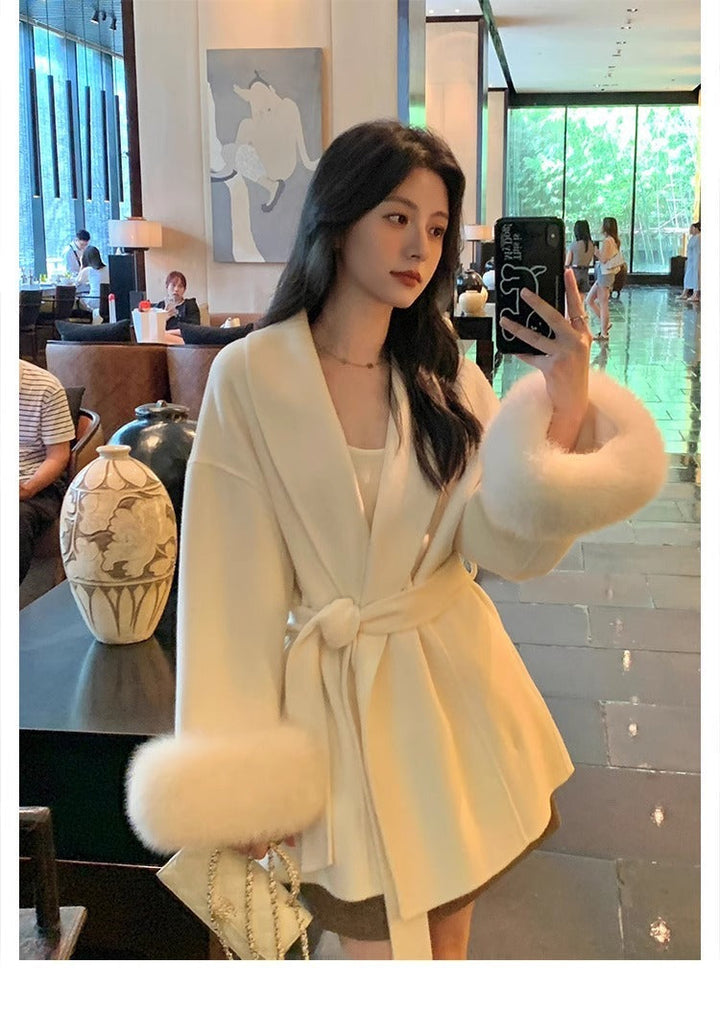 Warm Women’s Long Coat - Shawl Collar, Wool, For Winter