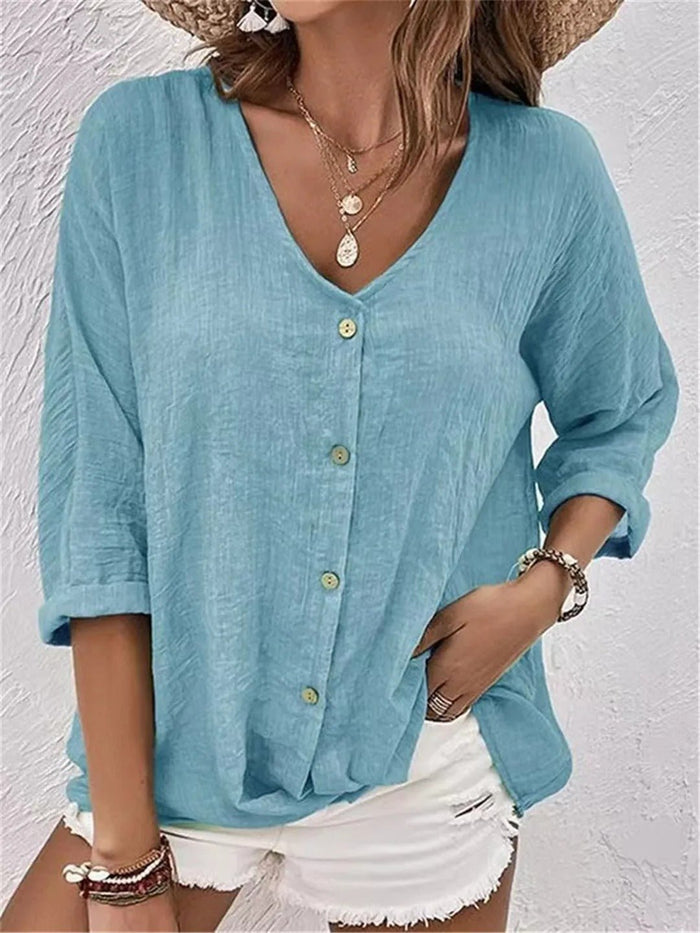 V-Neck Button-Up Women's Top - Lightweight Blouse for Women, Versatile Casual Elegance, Flattering Fit, Sizes S-3XL