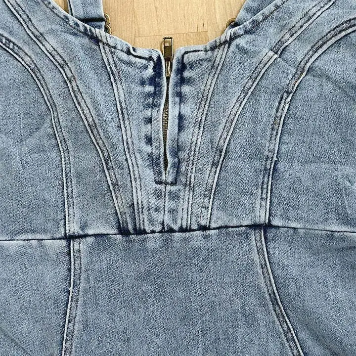 Washed Denim Midi Dress with Adjustable Straps, Bodycon Fit, Side Slit, Deep Circular Neckline for Women