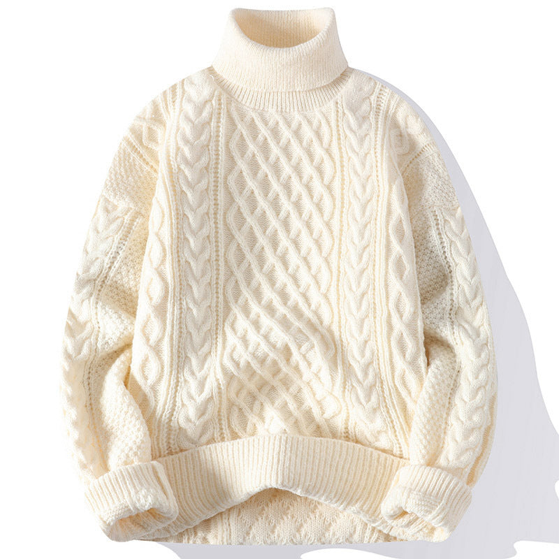 Warm Mens Turtleneck Jumper - Relaxed Cable Knit, Winter