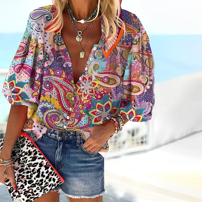 Mandala Printed Women's Shirt in Soft Knitted Fabric, Relaxed Fit for Autumn and Winter