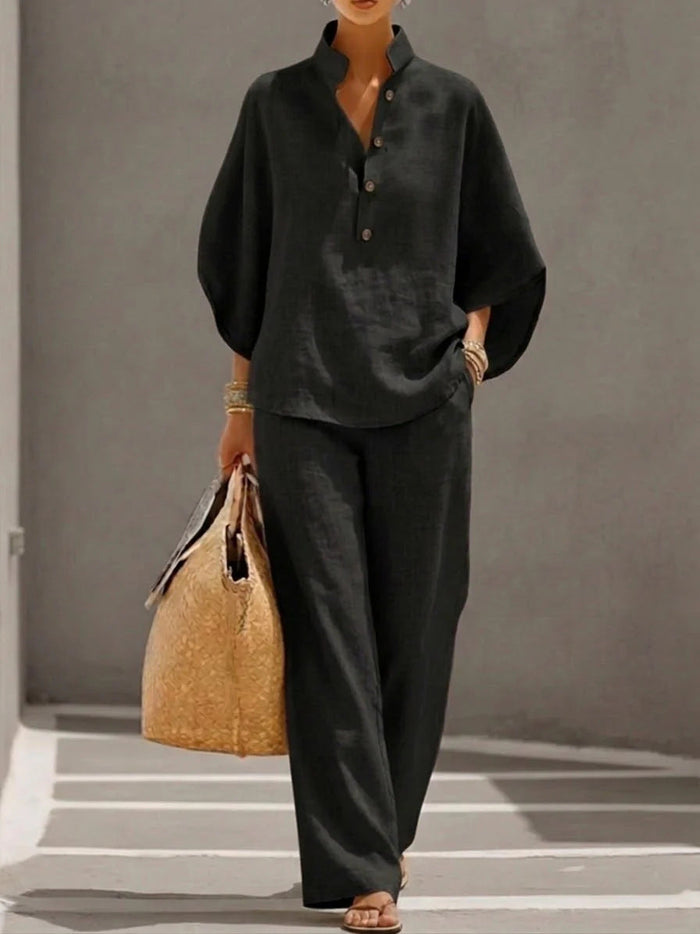 Lightweight Women's Suit Set - Stand-Collar Pullover Top, Balloon Sleeves, Straight-Leg Trousers, Polyester, For Office