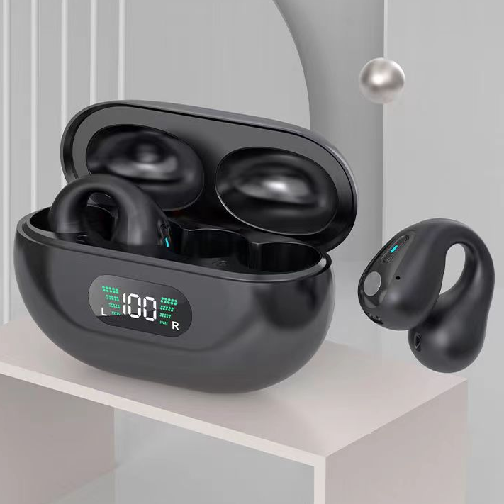 Clip-on open-ear earbuds with charging case