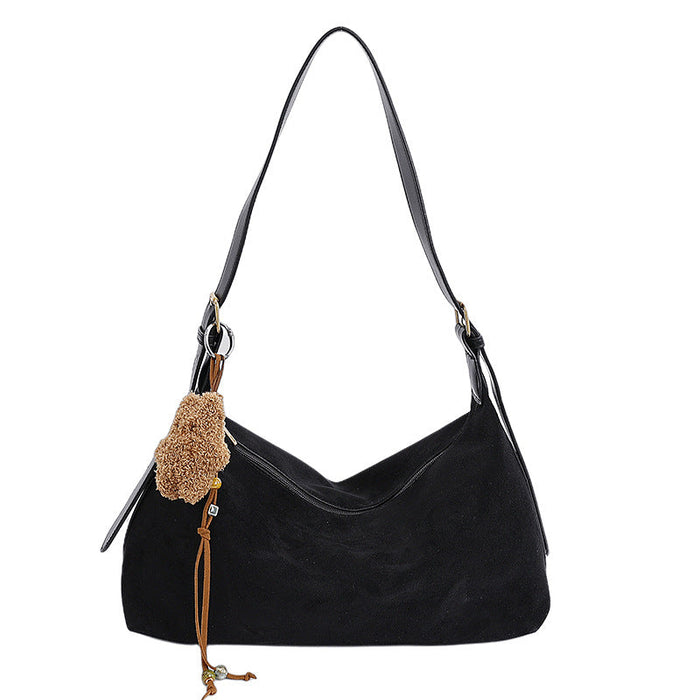 Soft women's shoulder crossbody bag - classic versatile commuter with pendant, suede, everyday wear