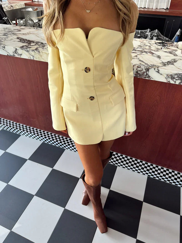 Tailored Off-Shoulder Blazer with Built-In Corset in Italian Suiting Fabric, Long Sleeve Elegant Fit