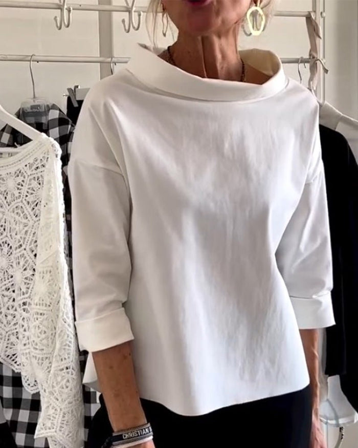 Elegant Women's Blouse with Loose Turtleneck, Cotton-Polyester Blend Long Sleeve Top for Summer and Autumn