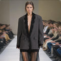 Structured women's blazer - lace-panel design, long-sleeve, polyester, for office-ready workwear