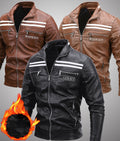 Warm men's leather motorcycle jacket - biker-cut with quilted shoulders and racing stripes, PU leather, for autumn rides