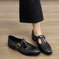 Soft women's pumps – T-Strap, round-toe, mid-heel, leather, for commuting