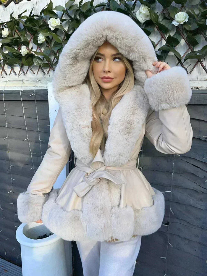 Warm Women's Hooded Coat - Peplum, Suede Like, Citywear
