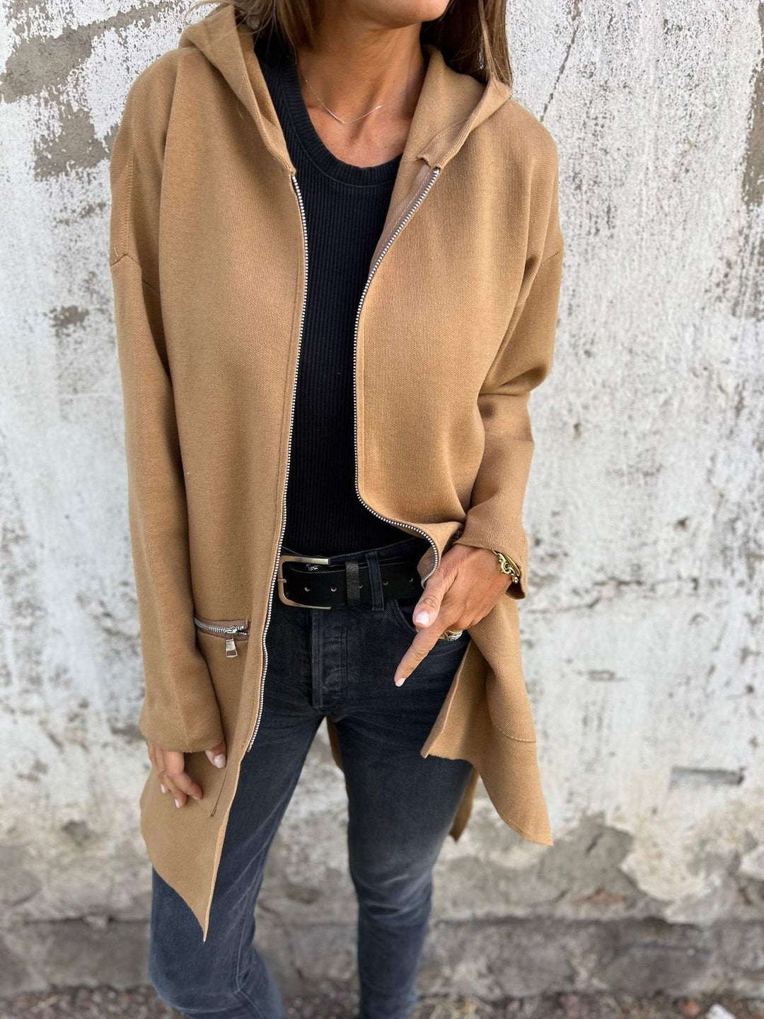 Lightweight Womens Long Hoodie - Fitted Zip Cotton Layering