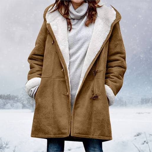Warm Womens Winter Jacket - Hooded Mid-Thigh, Suede