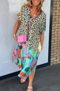 Plus Size Women's Leopard Pattern Short Sleeve Dress for Casual and Semi-Formal Occasions